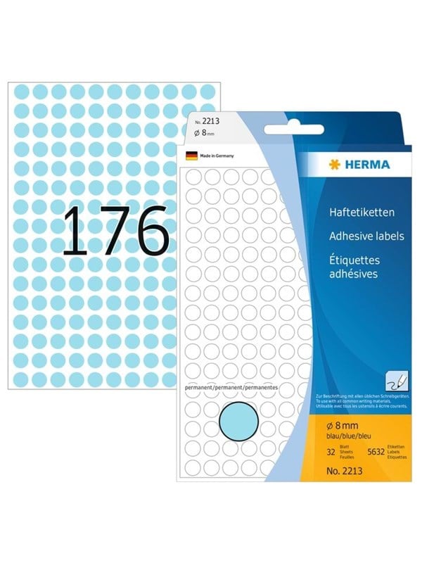 HERMA 2213 Multi-purpose labels / colour dots Ø 8 mm round blue permanent adhesion for hand lettering