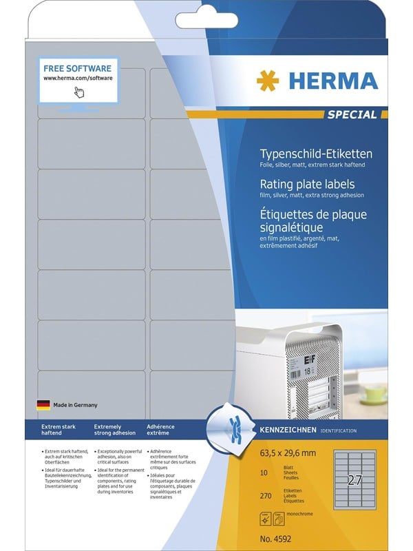 HERMA Rating plate labels silver A4 63.5 x 29.6 mm extremely strong adhesion weatherproof tearproof