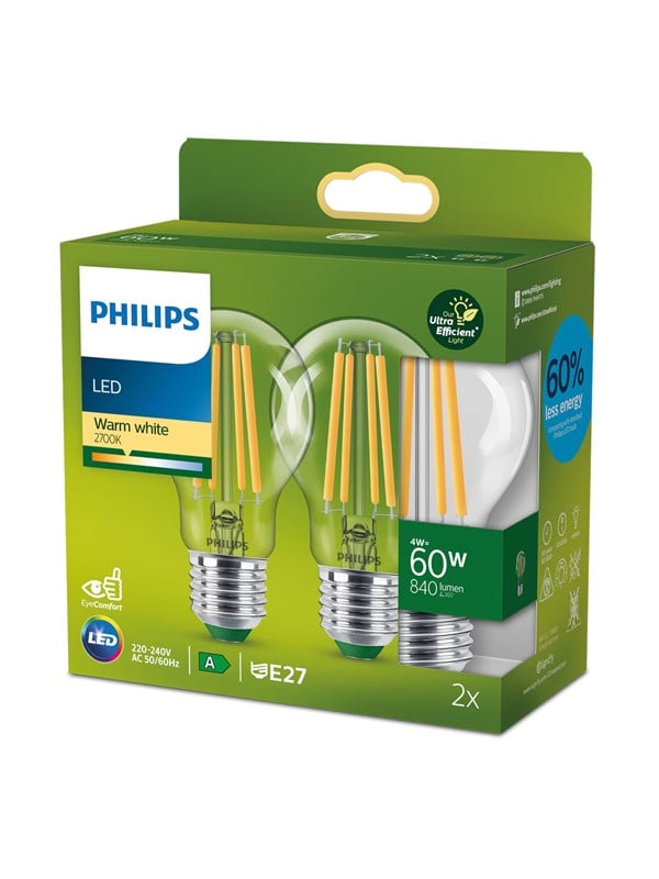 Philips LED-lyspære Standard 4W/827 (60W) Clear 2-pack E27