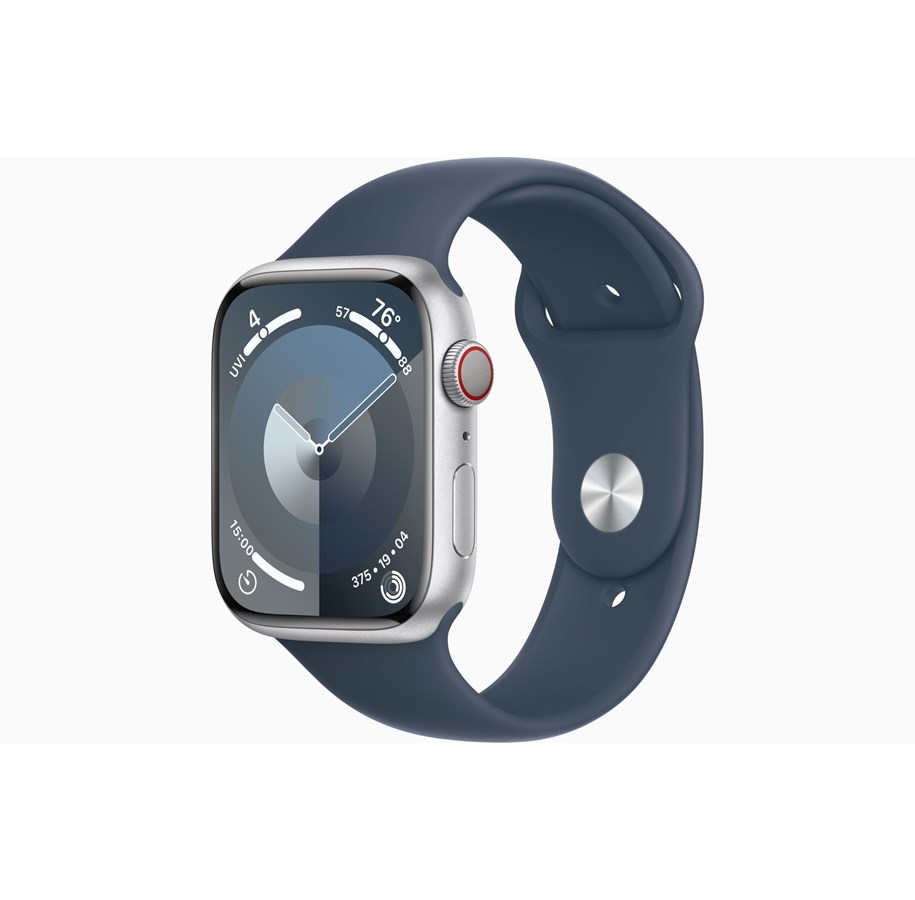 Apple Watch Series 9 GPS Cellular 45mm Silver Aluminium Case with Storm Blue Sport Band M L