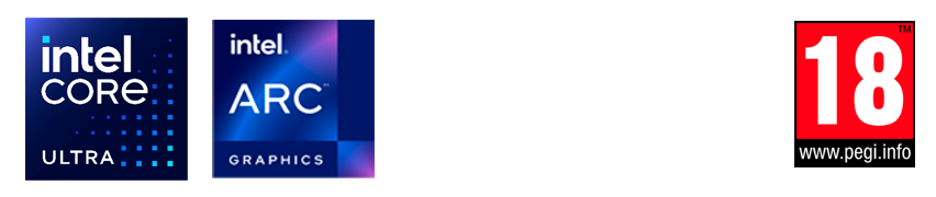 Intel core logo, Intel Arc logo, Ubisoft logo, Pegi 18 logo